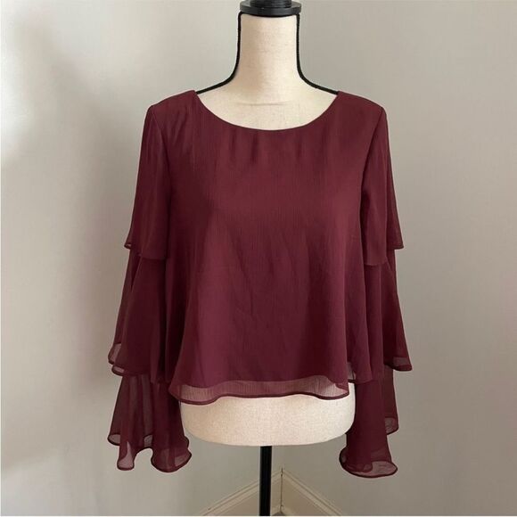 BCBG Generation Ruffled Bell Sleeve Blouse Small Red Maroon Boho Cottagecore Top - Picture 3 of 13